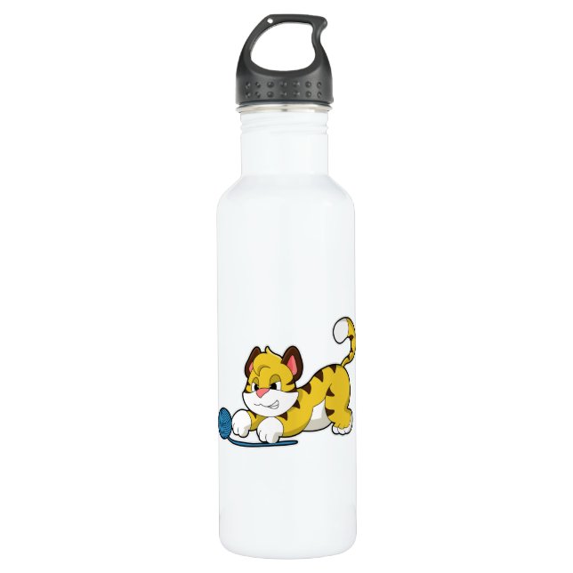 Tiger mit Woll-Garnkugel Edelstahlflasche (Vorderseite)