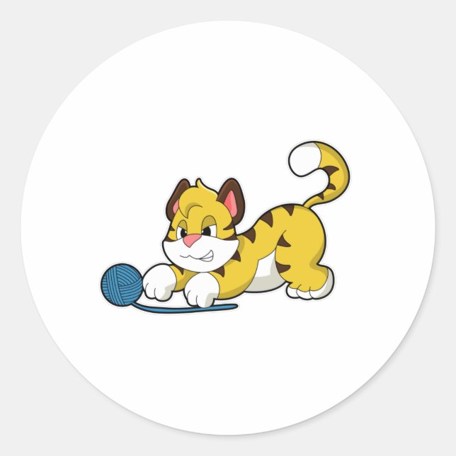 Tiger mit Woll-Garnkugel Runder Aufkleber (Vorderseite)