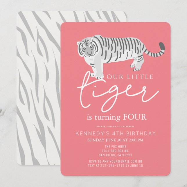 Tiger Modern Pink Kindergeburtstag Einladung (Vorne/Hinten)