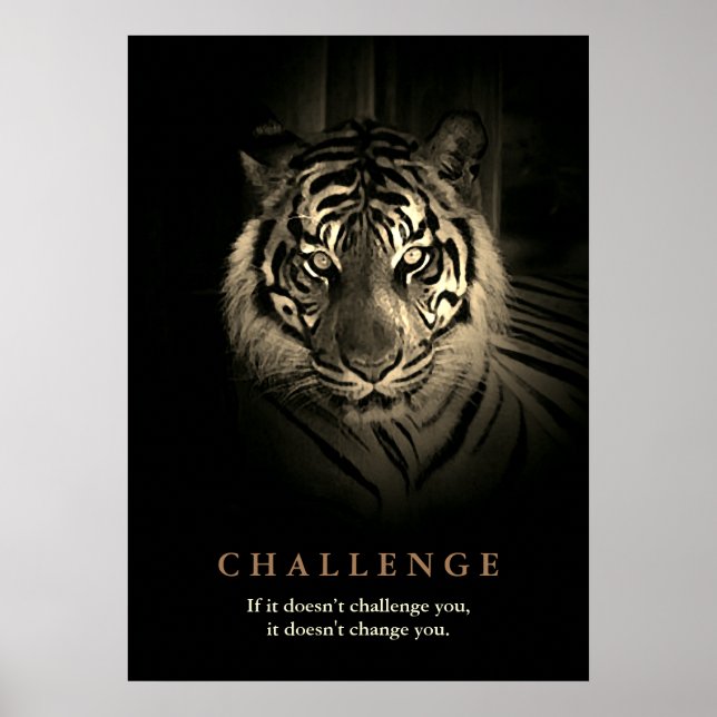 Tiger Motivierend Challenge Zitat Vintag Sepia Poster (Vorne)