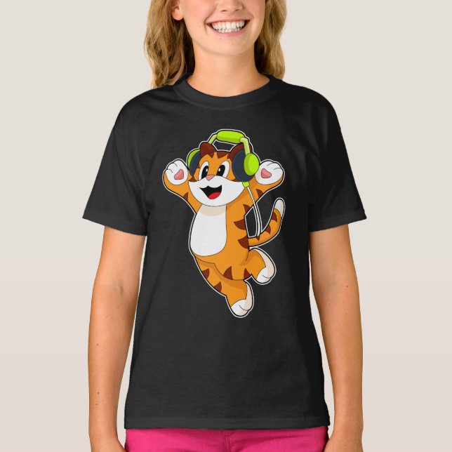 Tiger Musician Headphone Music T-Shirt (Vorderseite)