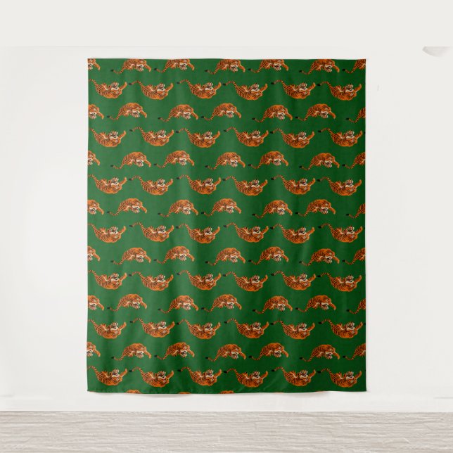 Tiger Muster mit grünem Hintergrund Wandteppich (Vorderseite)