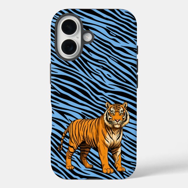 Tiger Pattern in Light Blue with Tiger iPhone 16 Hülle (Rückseite)