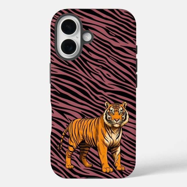 Tiger Pattern in Red with Tiger iPhone 16 Hülle (Rückseite)