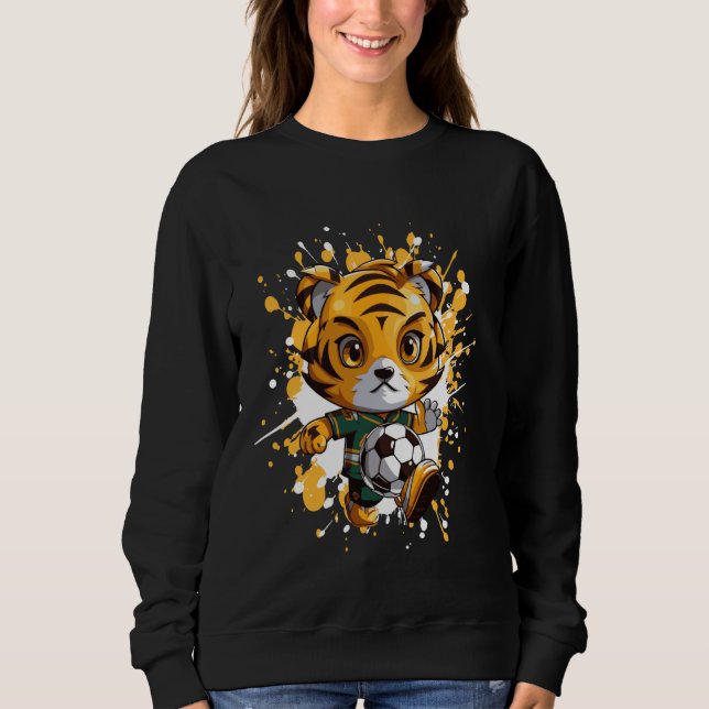 Tiger Playing Soccer Niedliches Comic Sweatshirt (Vorderseite)