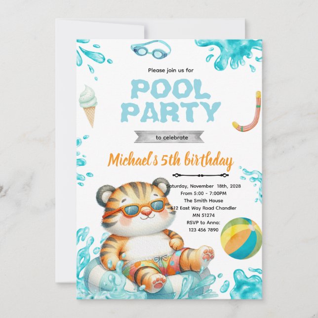 Tiger Pool Party Birthday Invitation (Devant)