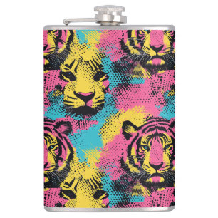 Tiger Pop Art Muster in Rosa, Gelb und Blau Flachmann