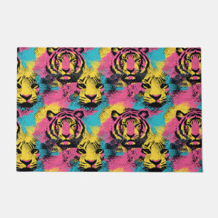 Tiger Pop Art Muster in Rosa, Gelb und Blau Fußmatte