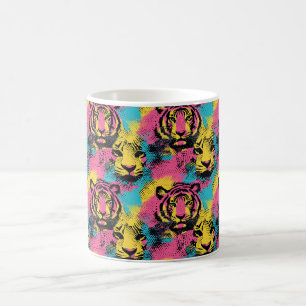 Tiger Pop Art Muster in Rosa, Gelb und Blau Kaffeetasse