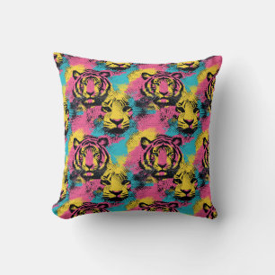 Tiger Pop Art Muster in Rosa, Gelb und Blau Kissen