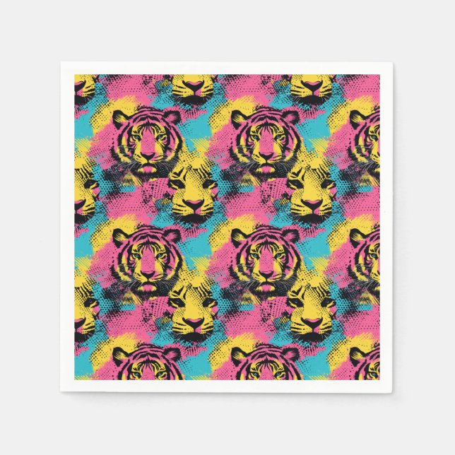 Tiger Pop Art Muster in Rosa, Gelb und Blau Serviette (Vorderseite)