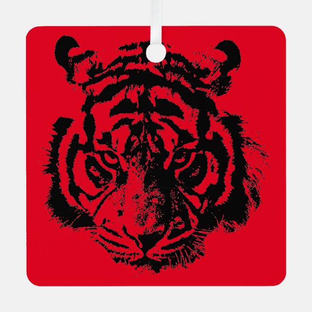 Tiger Pop Art Red Blue Black Ornament Aus Metall (Vorderseite)