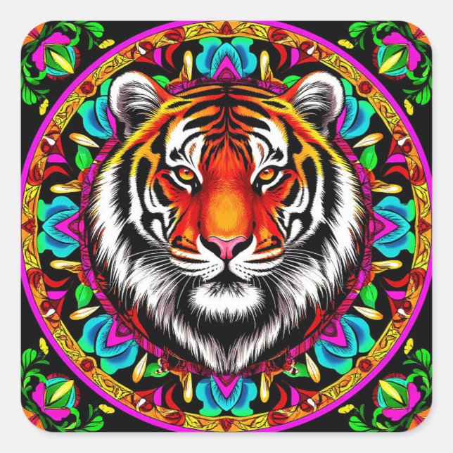 Tiger Portrait mit Mandala Design Quadratischer Aufkleber (Vorderseite)