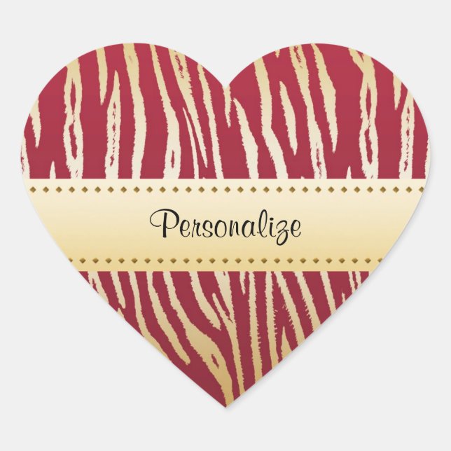 Tiger Print Elegantes Red and Gold Tiermuster Herz-Aufkleber (Vorderseite)