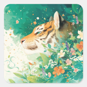 Tiger-Profil schaut durch botanischen Garten Quadratischer Aufkleber