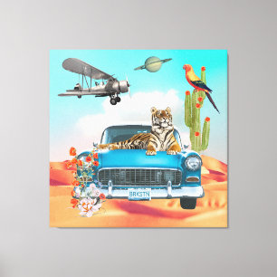 Tiger Retro Auto Wüstenkaktus Surrealer Collage Leinwanddruck