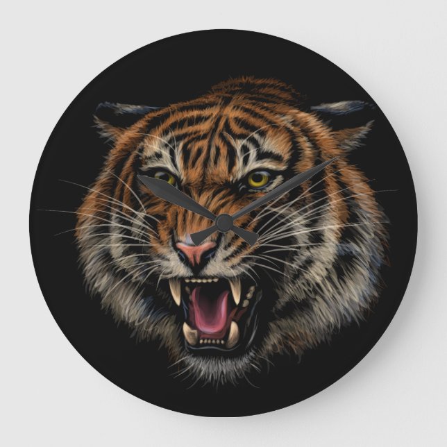 Tiger Roar: Lebhaftes Dschungel-Portrait Große Wanduhr (Vorderseite)