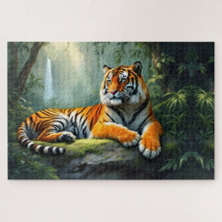 Tiger ruht im Dschungel mit Wasserfall