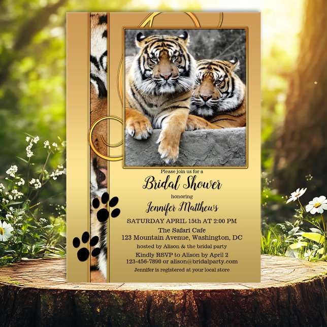 Tiger Safari Zoo Bridal Douche Invitation (Bridal shower invitation featuring two tigers on a gold styled background with tiger paw print)
