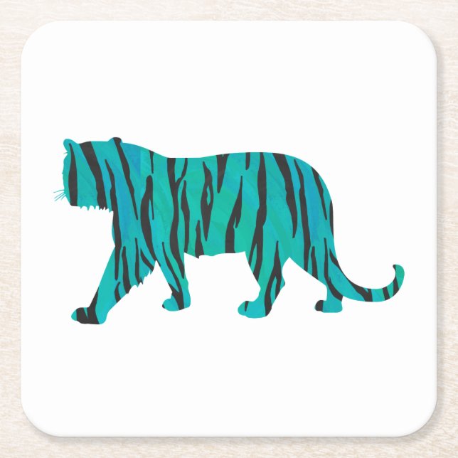 Tiger Schwarz und Aquamarine Silhouetten Rechteckiger Pappuntersetzer (Vorderseite)
