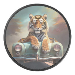 Tiger sitting on a sports car  eishockey puck