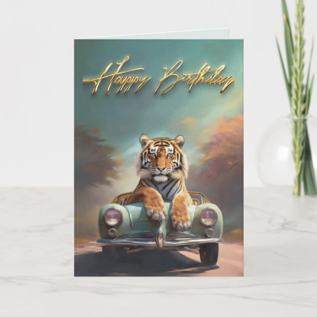 Tiger sitzend auf einem Sportwagen Glückwunsch Geb Karte (Vorderseite)
