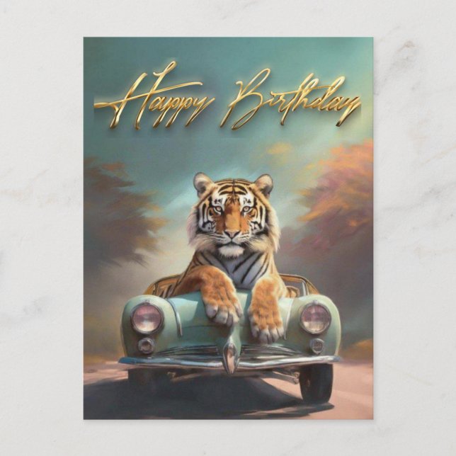 Tiger sitzend auf einem Sportwagen Glückwunsch Geb Postkarte (Vorderseite)