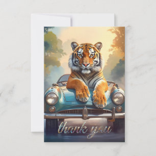 Tiger sitzt auf einem Sportwagen Dankeskarte