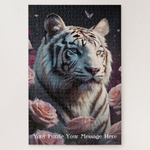 Tiger sitzt in einem rosa Rosengarten