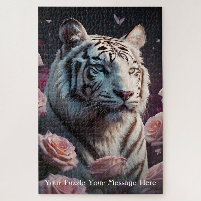 Tiger sitzt in einem rosa Rosengarten (Vertikal)