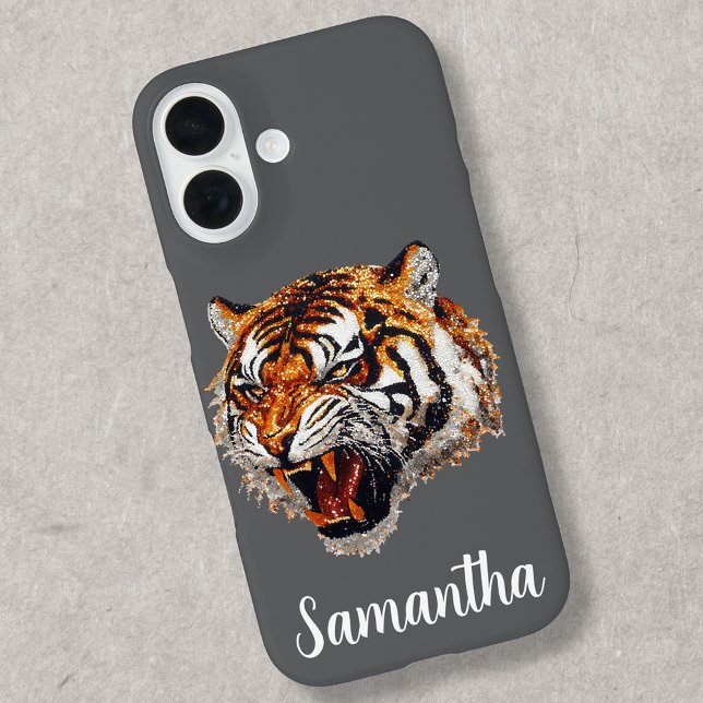 Tiger Snarling Imitats Sequin Look Personalisiert iPhone 16 Hülle (Von Creator hochgeladen)