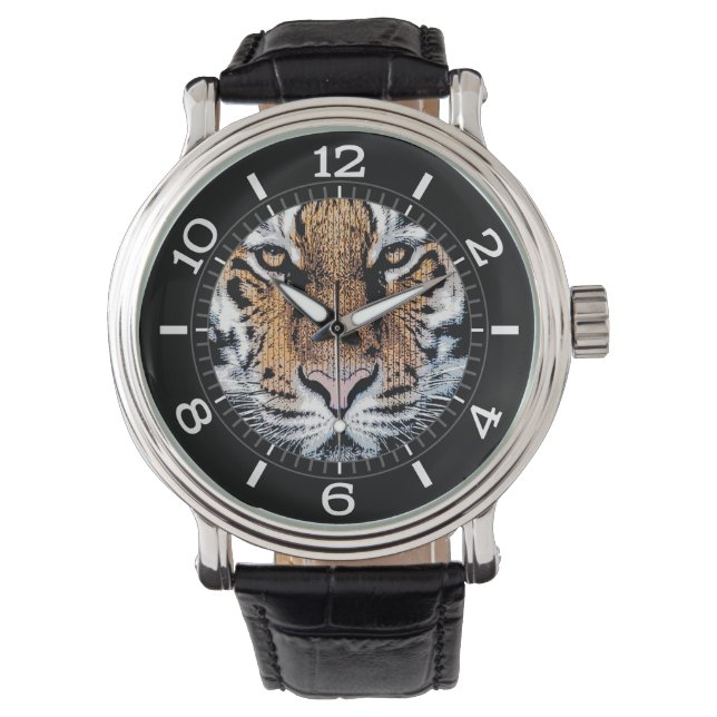 Tiger Streifen Portrait in Grafik-Press-Style-Dial Armbanduhr (Vorderseite)