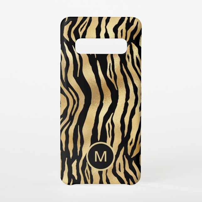 Tiger Stripe Muster Monogram Initial Gold Black Samsung Galaxy Hülle (Rückseite)