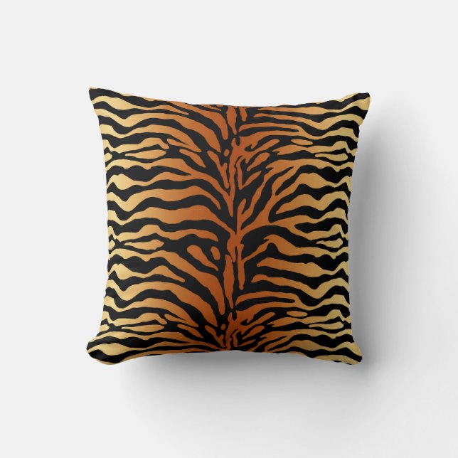 Tiger Stripes Animal Print, Amber, Schwarz und Tan Kissen (Vorderseite)