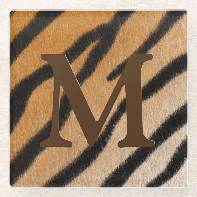 Tiger Stripes Animal Print Mahogany Monogram Glasuntersetzer (Vorderseite)