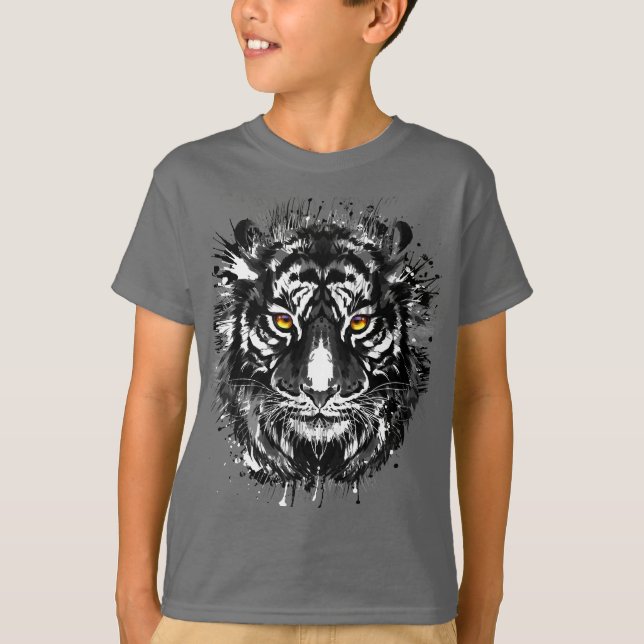 Tiger T - Shirt | Schwarzer und weißer Tiger Zeich (Vorderseite)