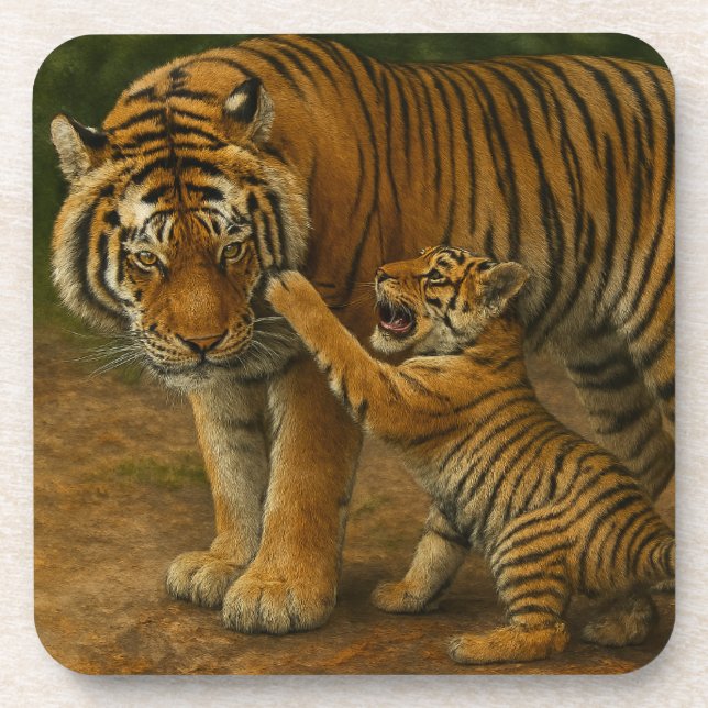 Tiger-Tenderness - Eltern und Küken im Wald Getränkeuntersetzer (Vorderseite)