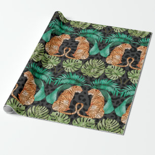 Tiger und Blätter in Aquarellfarben Nahtloses Mus Geschenkpapier