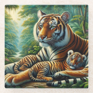 Tiger und Cube in einem üppigen Dschungel Gemälde Glasuntersetzer