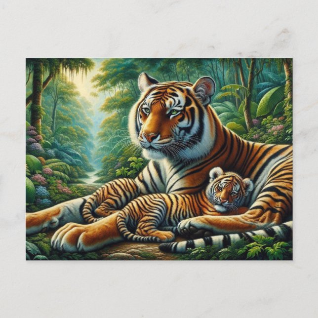 Tiger und Cube in einem üppigen Dschungel Gemälde Postkarte (Vorderseite)