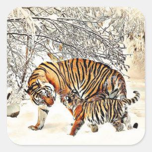 Tiger und ihre Cube Winter Day Snowy Woods Sticker
