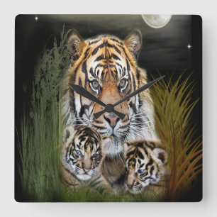 Tiger und Jungen-Uhr Quadratische Wanduhr