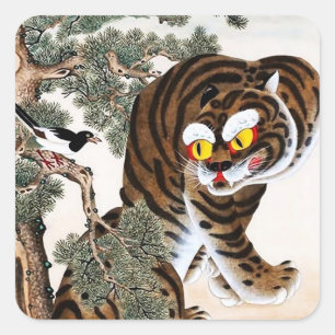 Tiger und Magpie Minhwa unter Pine Tree Quadratischer Aufkleber