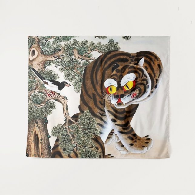 Tiger und Magpie Minhwa unter Pine Tree Wandteppich (Vorderseite (Horizontal))