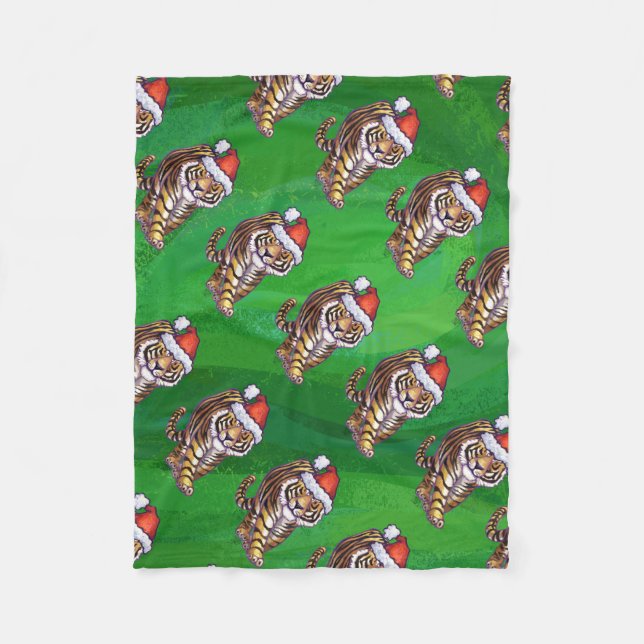 Tiger Weihnachten auf Grün Fleecedecke (Vorderseite)