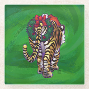 Tiger Weihnachten auf Grün Glasuntersetzer