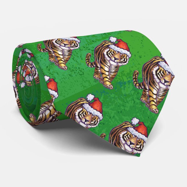 Tiger-Weihnachten auf Grün Krawatte (Gerollt)