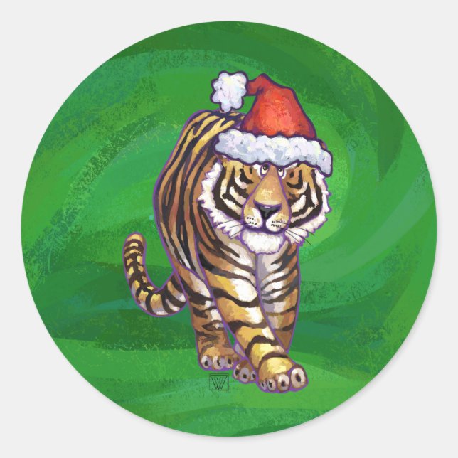 Tiger Weihnachten auf Grün Runder Aufkleber (Vorderseite)