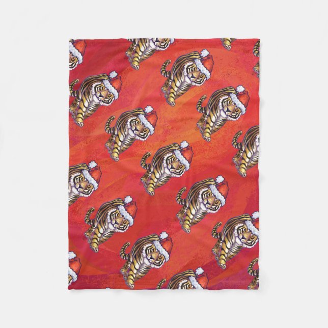 Tiger Weihnachten auf Rot Fleecedecke (Vorderseite)
