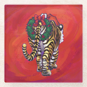 Tiger Weihnachten auf Rot Glasuntersetzer